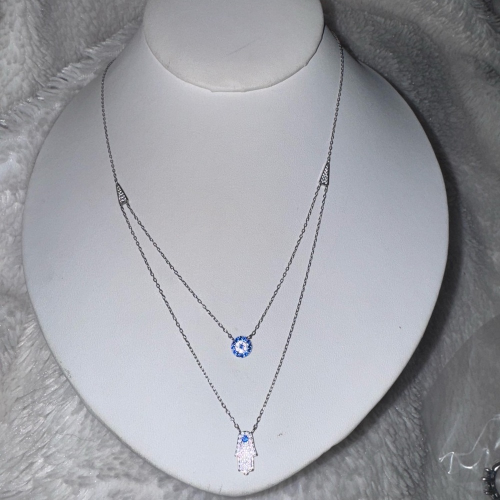 EUC DESIGNER HAMSA HAND & EVIL EYE DOUBLE STRAND 925 NECKLACE W/ CRYSTALS